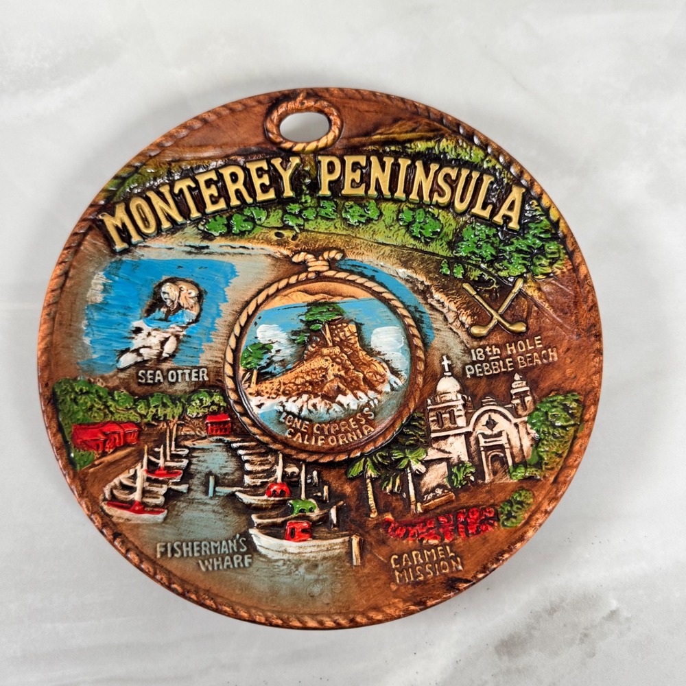 Vintage Monterey Peninsula Landmarks Collector Plate Ceramic Wood Look SNCO‎